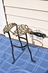 Vintage Iron & Brass Spider Fireplace Trivet Pot Stand w Wood Handle 14" Tall - Picture 1 of 6