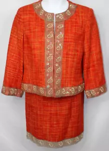 Josephine Chaus giacca tweed seta arancione gonna tuta perline paillettes nuova con etichetta 12 10 - Foto 1 di 16