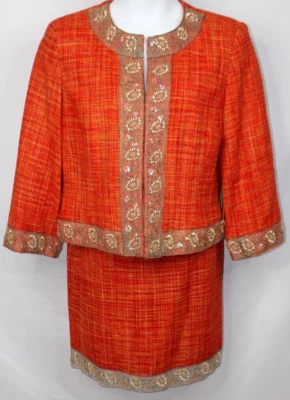 Josephine Chaus Naranja Seda Tweed Chaqueta Falda Traje Cuentas Lentejuelas Nuevo con Etiquetas 12 10 Foto 1 de 4