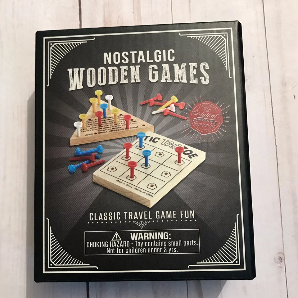 Classic Wooden Travel Games Tic Tac. Toe & Peg Jump Solitaire Set of 2