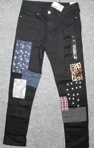 Rue21 Jeans Mens 34X32 Black Denim Supreme Flex Skinny Distressed Patchwork New - Picture 1 of 12
