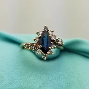 Vintage 10K Sapphire Diamond Halo Bypass Ring-Earth Mined-0.5C Sapphire Marquise - Picture 1 of 9