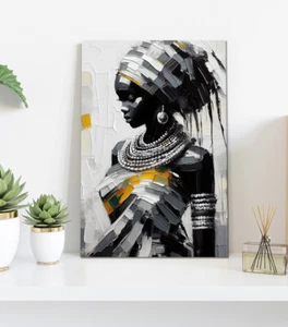 Hermosa dama africana arte abstracto pintura al óleo montada impresión en lienzo lista para colgar - Imagen 1 de 7