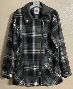 Harley Davidson Women’s XL Gray Black Plaid Mid Length Wool Jacket Leather Trim - Picture 1 of 9