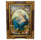 Vintage Madonna & Child in Garland of Flowers Design Framed Oil Painting