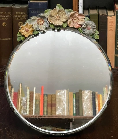 ANTIQUE ENGLISH BARBOLA DRESSER BEVELED MIRROR w/ HAND PAINTED FLOWERS & GESS0 Cover