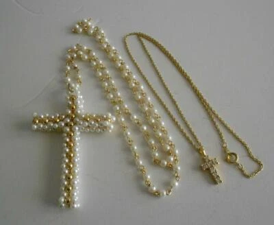 2 Collares Cruzados Imitación Perla Cuentas Estrás Tono Dorado Religioso Foto 1 de 4