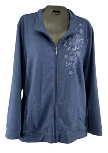 Alfred Dunner Womens XL Floral Embroidery Knit Jacket Zip Up Blue Pockets Studs - Picture 1 of 4