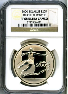 2000 Belarus Silver 20 Roubles 2002 Winter Olympics Discus Thrower NGC PF68 - Picture 1 of 2