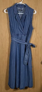 Tommy Hilfiger Denim Shift Dress Belted Midi Sleeveless Pockets Women's Sz 12 - Picture 1 of 9