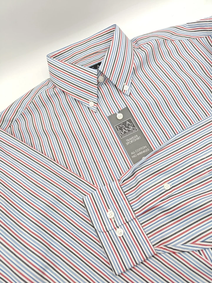 🇺🇲 New Jos A Bank Mens M 15.5x34 Red Blue Black Traveler Button Down Shirt  - Image 1 of 4
