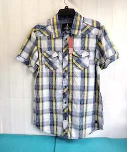 I Jeans By Buffalo Men's Plaid Short Sleeve Button Up Shirt Blue Yellow Size M - Picture 1 of 10