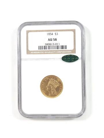 1854 G$3 Indian Princess Head Gold NGC AU58 Green CAC 🪙 Better Date! Cover
