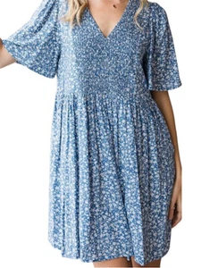 Plus Blue Ditsy Floral Smocked Baby Doll Flare Dress-224MS - Picture 1 of 1