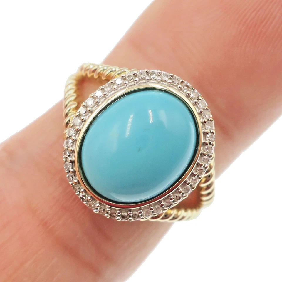 Maravilloso Anillo HALO de Oro Amarillo Sólido 14k Turquesa Natural y Diamantes Talla 6.25 Foto 1 de 4