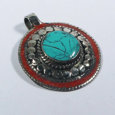 Colgante Tibetano Genuino Turquesa y Coral Ruud Nepal Amuleto Joyería Talla 2" Foto 1 de 4