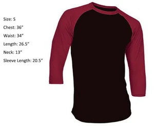 New 3/4 Sleeve Raglan Baseball Mens Plain Tee Jersey Sports T-Shirt Black Red S - Picture 1 of 2