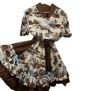 Conjunto de Baile Cuadrado Mujer Talla M L Vaquero Estampado Occidental Falda Circular Top Marrón Azul - Imagen 1 de 12