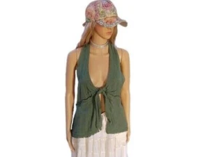 New! Free People women's M army green halter linen tank top - Picture 1 of 10