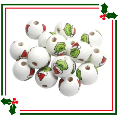 Pack 20 Round Wooden GRINCH Face Beads - 15mm - DIY Jewellery -Crafts - Image 1 of 3