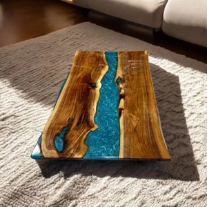 36"x24" Blue Epoxy resin Center Dining Table natural Wooden Hallway Furniture - Picture 1 of 9