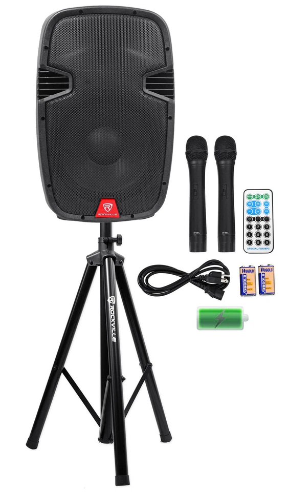 Rockville RAM12BT 12"Rechargeable Powered 600W PA Speaker+2 Mics+Bluetooth+Stand - Image 1 of 4