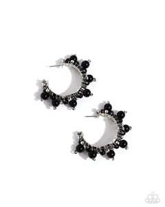 Paparazzi Elite Expense - Black - Seed Beads , Silver Bead, Pearls-  Hoop Earrin - Picture 1 of 2