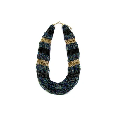 Women's 25" Iridescent Blue, Green, Gold and Black Seed Bead Statement Necklace - Image 1 of 4