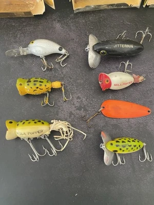 Lote de isca vintage pesca leve Fred Arbogast Cordell Jitterbug hula popper - Imagem 1 de 4