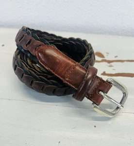 Cinturón de cuero vintage para hombre talla 34 enchapado tejido negro marrón plateado hebilla - Imagen 1 de 11