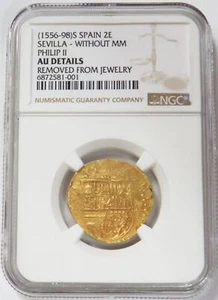 1556-1598 GOLD SPAIN 2 ESCUDOS PHILIP II NGC ABOUT UNC DETAILS MISSING MINT MARK - Picture 1 of 4