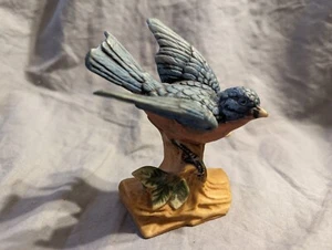 Blue & Tan Bird Perched on a Log by Unknown Artist, 3 1/2” Tall, Vtg - PRE-OWNED - Picture 1 of 10