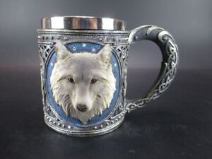 Wolf Tasse Relief mit Edelstahl Becher Wolve mug,sehr dekorativ,Neu !