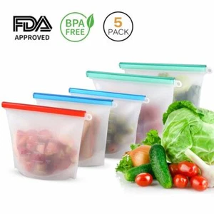 Reusable Sandwich Bags 5 Pack Silicone Food Storage Snack Bag for Lunch Fruit - Picture 1 of 7