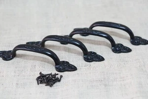 4 Large Cast Iron Antique Style Door Handles Gate Pull Shed Drawer Pulls Black - Picture 1 of 10