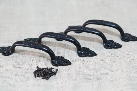 4 Large Cast Iron Antique Style Door Handles Gate Pull Shed Drawer Pulls Black Cover