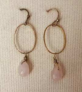 Vintage Gold Toned Hoop Earrings with Rose Quartz Drop - Picture 1 of 3