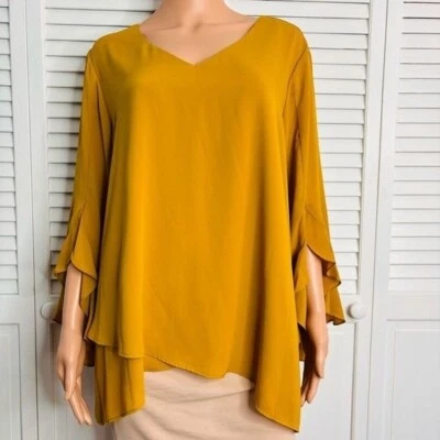 *NEW* KAREN KANE Mustard Yellow Amber Waves Ruffle Sleeve Top Size 1X ($108) - Image 1 of 4