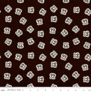 AMERICA'S HIGHWAY ROUTE 66 CLASSIC SIGNS ON BLACK BY RILEY BLAKE FABRIC HALF YD - Picture 1 of 1