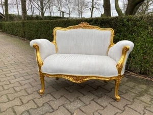 Sofa Vintage French Louis XVI Gold Gilded Beech Velvet Carved Elegant Seating - Picture 1 of 16