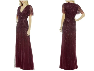 Mac Duggal Aubergine Purple Beaded Leaves Butterfly Sleeve Gown Size 12 $698 - Image 1 of 2