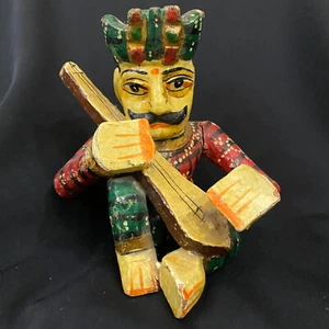 Handmade Rajasthani Musician Vintage Wooden Figurine Statue Showpiece Decor 4"  - Picture 1 of 7