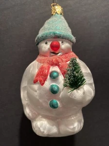 Vtg Frosty Snowman Ornament Green Hat, Buttons & Red Scarf Holding Tree Germany - Picture 1 of 12