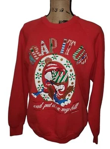 Vintage 80s Christmas Sweatshirt LARGE Made USA Ugly Sweater Red Holiday Cozycore - Bild 1 von 7