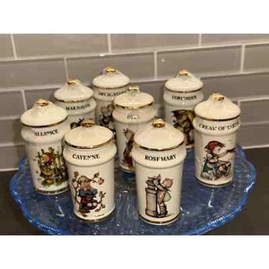 M J Hummel Porzellan Küche Gewürzgläser 24kt Gold Zierleiste Vintage 1987 8er Set - Bild 1 von 8