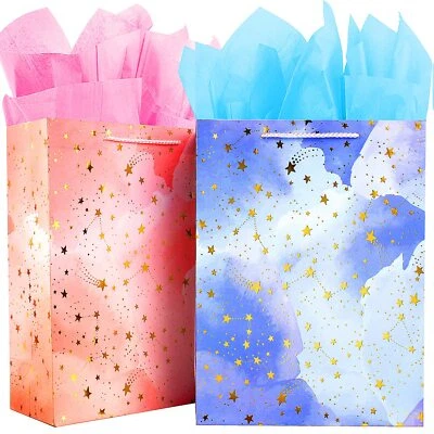 2 Pack Large Birthday Gift Bags with Tissue Paper Pink and Blue Star Pattern - Image 1 of 4