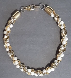 Pulsera vintage cadena dorada retorcida perlas de imitación 8,75" - Imagen 1 de 3
