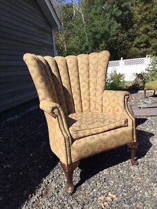 Queen Anne Arm Chair Fluted Channel Backed Winged Chair Vintage 1950’s