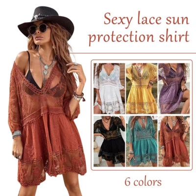 Lady Floral Bikini Swimwear Lace V Neck Cover Up Dress Holiday Beach Wear Shirt - Image 1 of 4