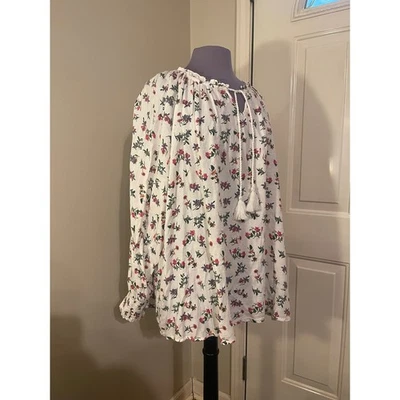 全新带标签 Lucky Brand 花卉束腰衬衫 3X 白色红色粉色蓝色长袖流苏 — 第 1/4 张图片